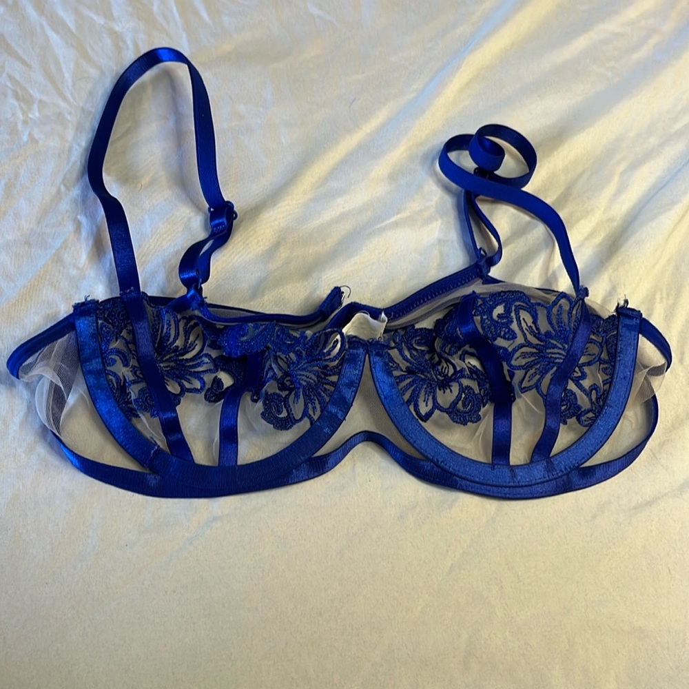 Cute Blue Floral Mesh Lingerie Bra
